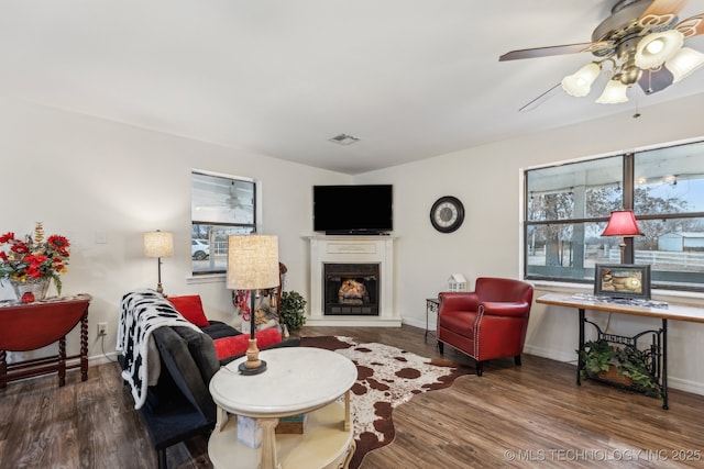 living room with hardwood / wood-style flooring, ceiling fan, and a wealth of natural light