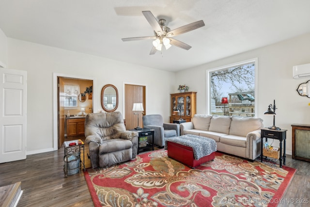 living room featuring ceiling fan, dark hardwood / wood-style flooring, and an AC wall unit