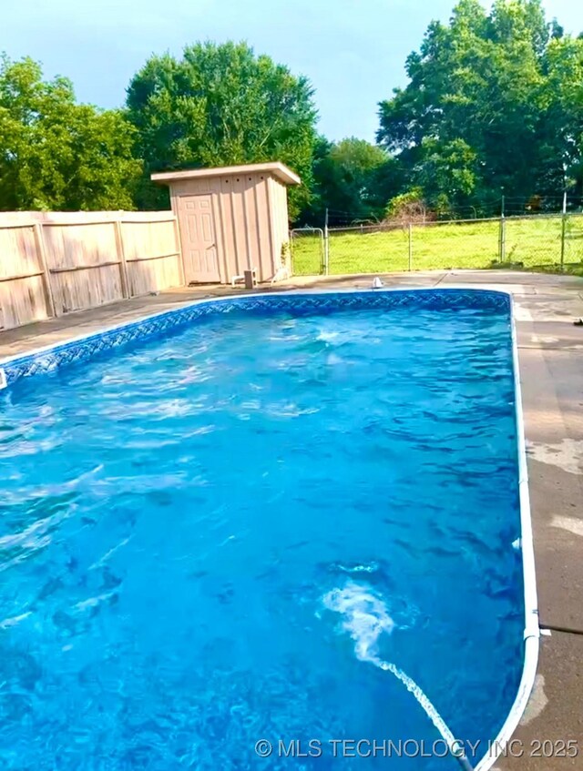 view of swimming pool with a yard and a shed