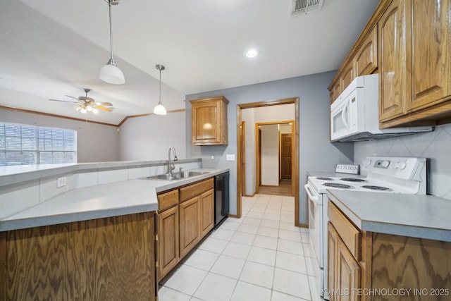 kitchen with decorative light fixtures, sink, decorative backsplash, light tile patterned floors, and white appliances