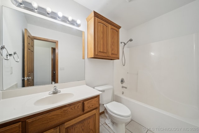 full bathroom featuring shower / tub combination, vanity, toilet, and tile patterned floors