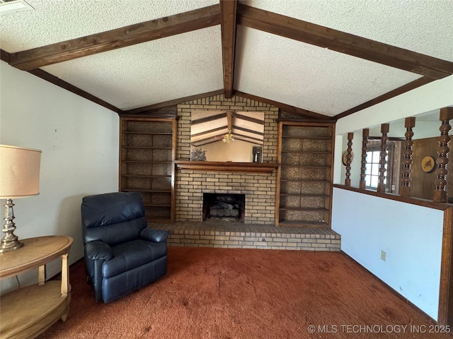 carpeted living room featuring a brick fireplace, lofted ceiling with beams, built in features, and a textured ceiling