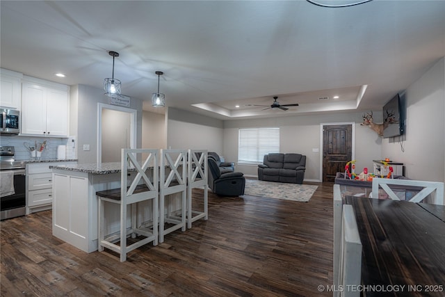 kitchen featuring white cabinetry, appliances with stainless steel finishes, a tray ceiling, light stone countertops, and backsplash