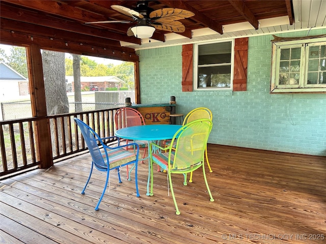 sunroom / solarium with wood ceiling, beam ceiling, and ceiling fan