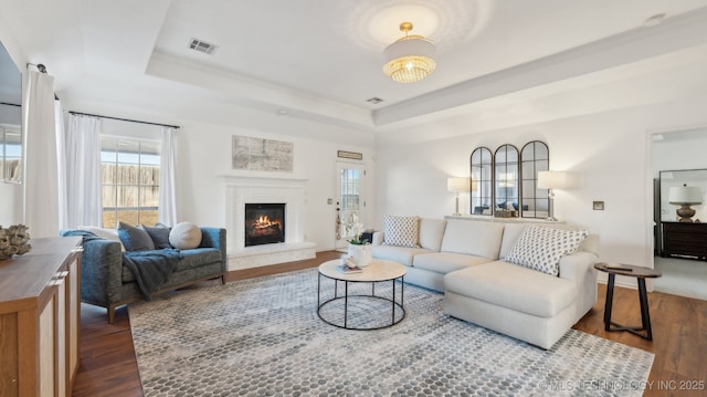 living room with a raised ceiling and dark hardwood / wood-style floors