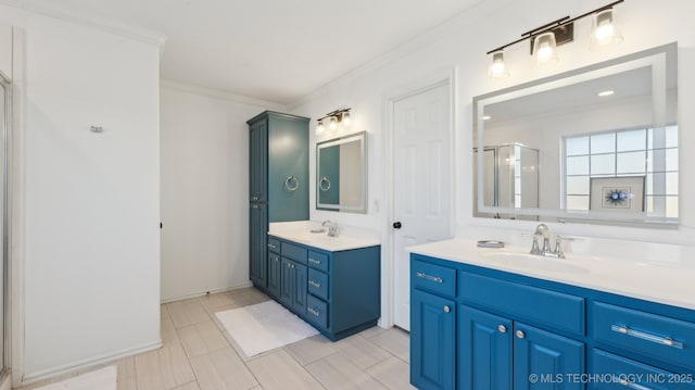 bathroom featuring vanity, crown molding, tile patterned floors, and walk in shower