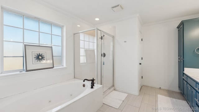 bathroom featuring vanity, crown molding, and plenty of natural light