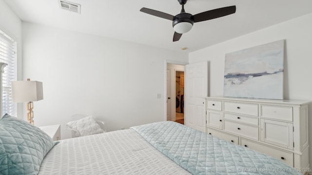 bedroom with washer / dryer and ceiling fan