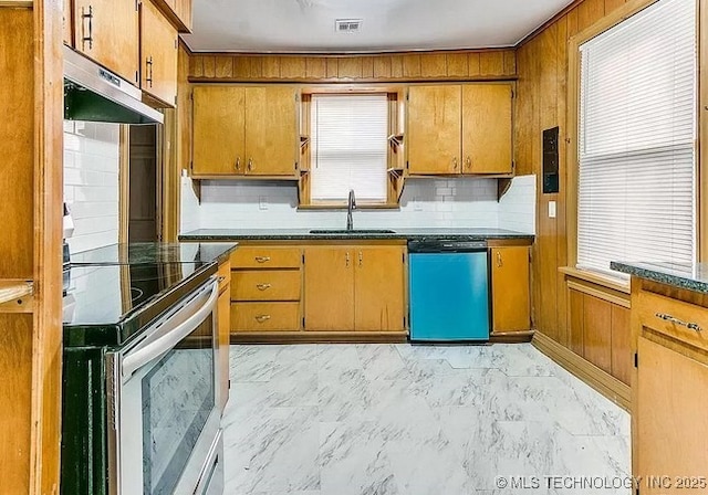 kitchen with sink, backsplash, plenty of natural light, and appliances with stainless steel finishes