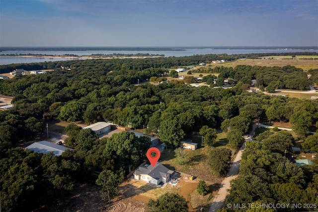 drone / aerial view featuring a water view