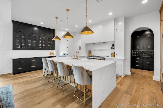 kitchen featuring decorative light fixtures, sink, backsplash, a center island with sink, and light wood-type flooring