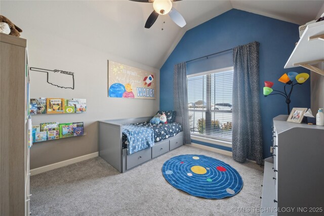 bedroom featuring lofted ceiling, light colored carpet, and ceiling fan