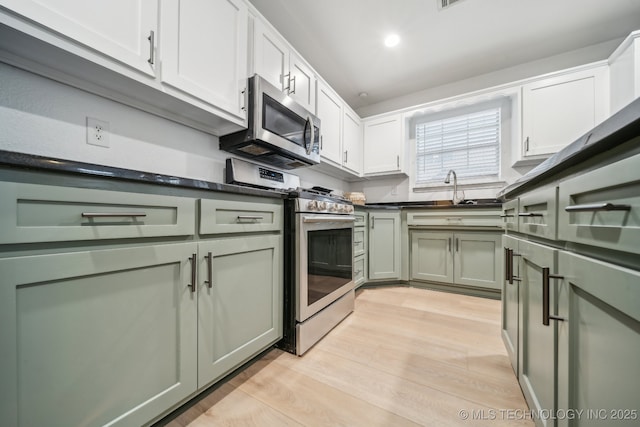 kitchen with white cabinetry, sink, light hardwood / wood-style flooring, and stainless steel appliances