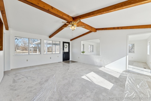 unfurnished living room with lofted ceiling with beams, a healthy amount of sunlight, carpet, and ceiling fan