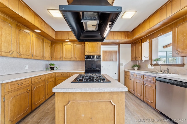 10541 Sahoma Lake Rd, Sapulpa, OK 74066 - kitchen with stainless steel dishwasher, exhaust hood, gas cooktop, light wood finished floors, and a center island