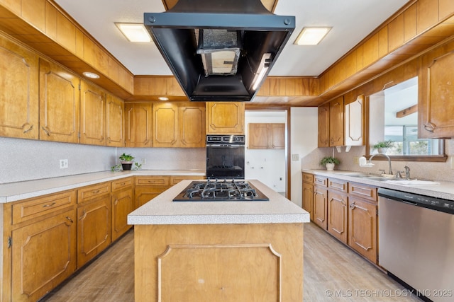 kitchen with decorative backsplash, a kitchen island, range hood, light countertops, and black appliances