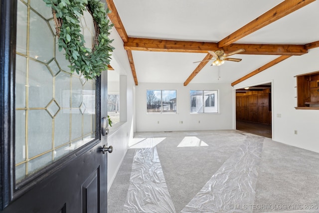 10541 Sahoma Lake Rd, Sapulpa, OK 74066 - carpeted foyer entrance featuring beam ceiling and ceiling fan
