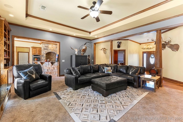 living room with crown molding and light carpet