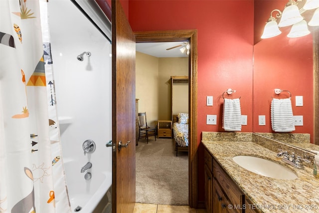 bathroom with tile patterned flooring, vanity, shower / bathtub combination with curtain, and french doors