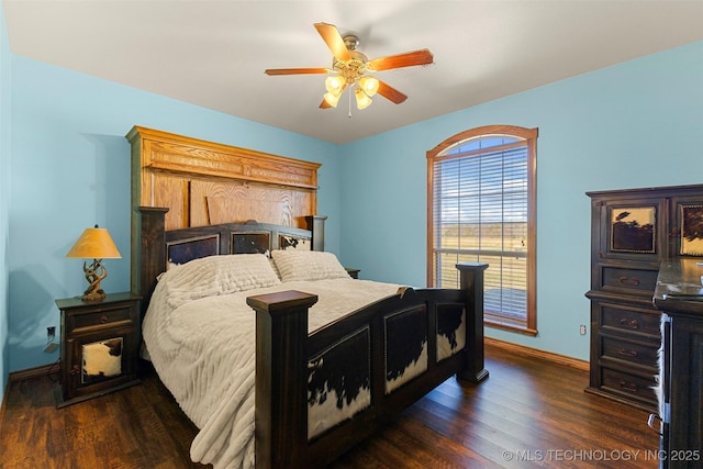 bedroom featuring ceiling fan and dark hardwood / wood-style floors