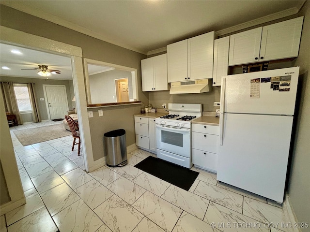 kitchen with white cabinetry, white appliances, ornamental molding, and ceiling fan