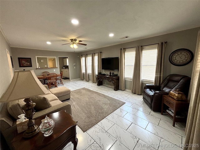 living room with ceiling fan