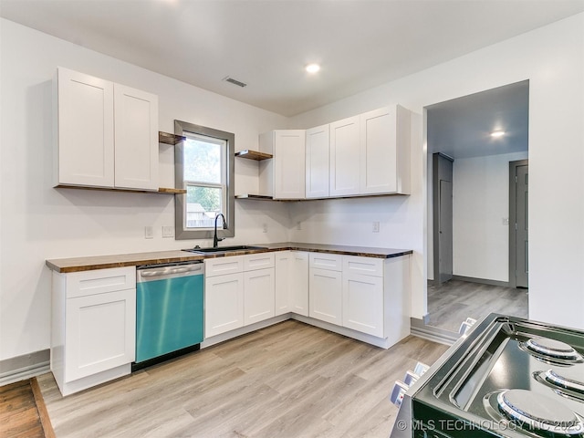 kitchen with butcher block countertops, sink, appliances with stainless steel finishes, white cabinets, and light wood-type flooring