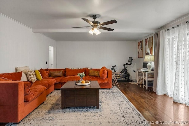 living room featuring beamed ceiling, ceiling fan, and hardwood / wood-style floors