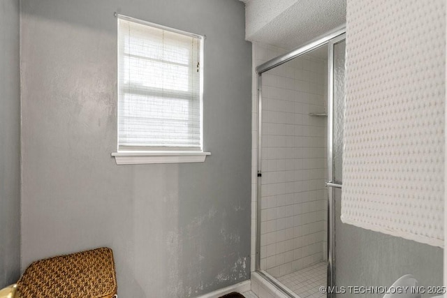 bathroom with plenty of natural light and a shower with door