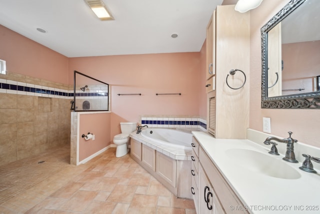 full bathroom with plus walk in shower, vanity, and toilet