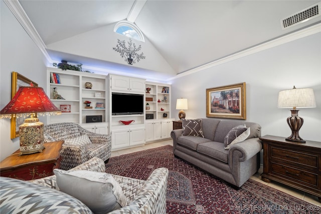 living room featuring tile patterned flooring and high vaulted ceiling