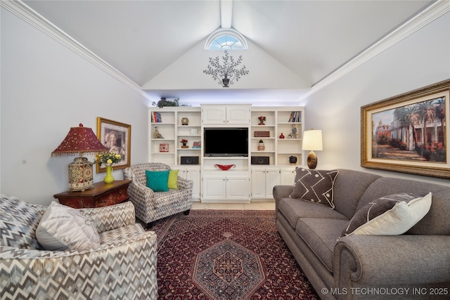 tiled living room with ornamental molding and lofted ceiling