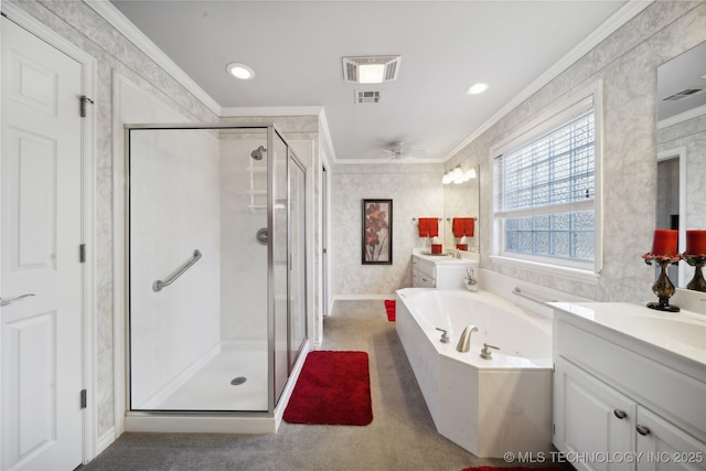 bathroom with ornamental molding, shower with separate bathtub, and vanity