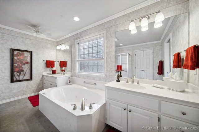 bathroom with vanity, ceiling fan, ornamental molding, and separate shower and tub