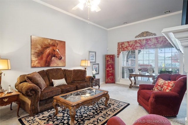 living room with crown molding and light colored carpet