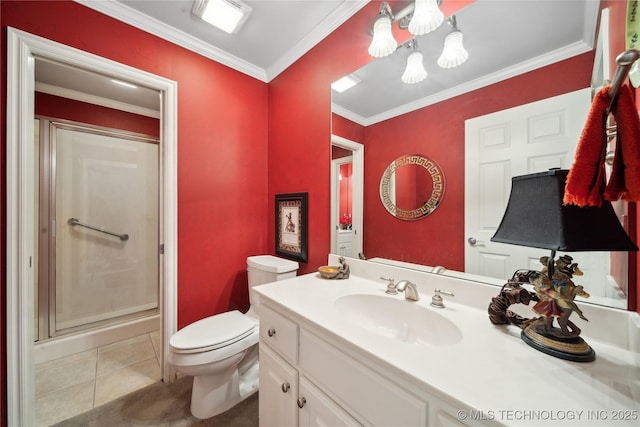 bathroom with a shower with door, vanity, ornamental molding, tile patterned floors, and toilet