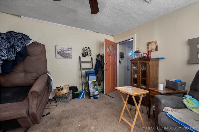 interior space with ceiling fan, ornamental molding, carpet flooring, and a textured ceiling