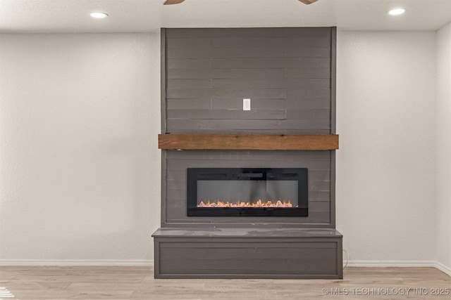 details featuring wood-type flooring and a large fireplace