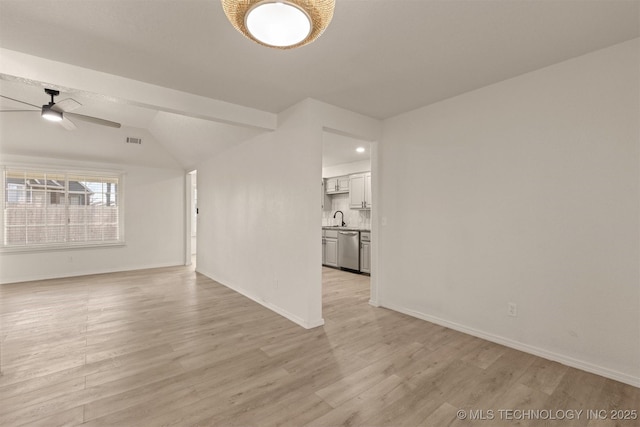 unfurnished room featuring lofted ceiling, sink, ceiling fan, and light hardwood / wood-style flooring