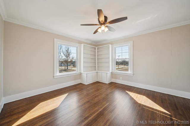 unfurnished room featuring crown molding, built in features, dark hardwood / wood-style floors, and ceiling fan