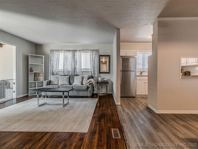 living room with sink, dark wood-type flooring, and a textured ceiling