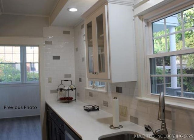 bathroom with hardwood / wood-style flooring, plenty of natural light, sink, and backsplash