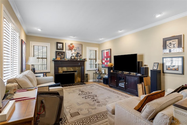 living room featuring crown molding