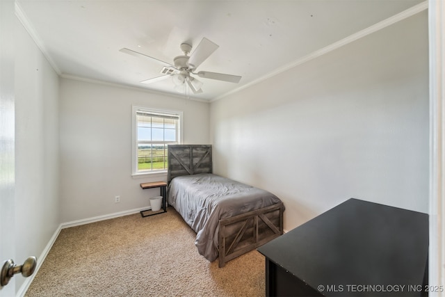 bedroom featuring crown molding, light colored carpet, and ceiling fan