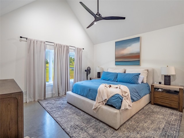 bedroom featuring ceiling fan and high vaulted ceiling