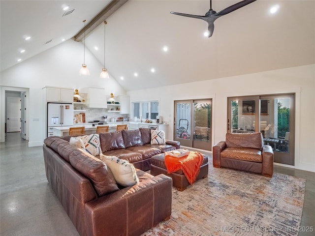 living room featuring beam ceiling, ceiling fan, and high vaulted ceiling