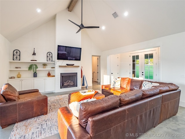 living room with french doors, ceiling fan, high vaulted ceiling, and beamed ceiling