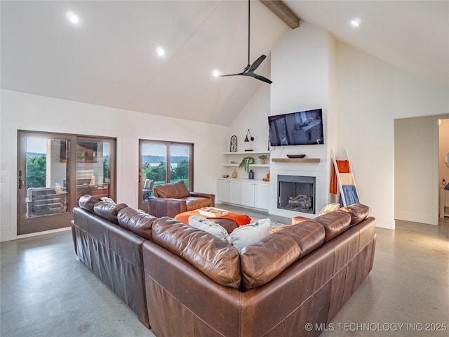 living room with concrete flooring, ceiling fan, high vaulted ceiling, and beamed ceiling