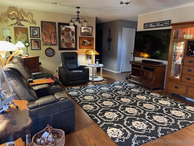 living room featuring dark hardwood / wood-style flooring and a textured ceiling