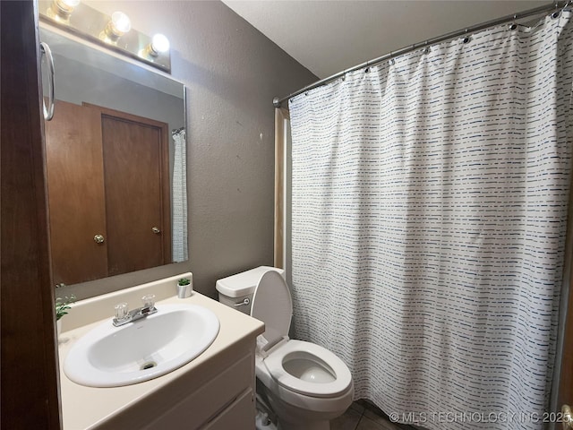 bathroom featuring vanity, curtained shower, and toilet